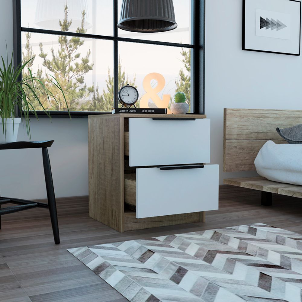 Kaia Nightstand Small, With Two Drawers, Metal Handle, Bedside Bedroom Storage