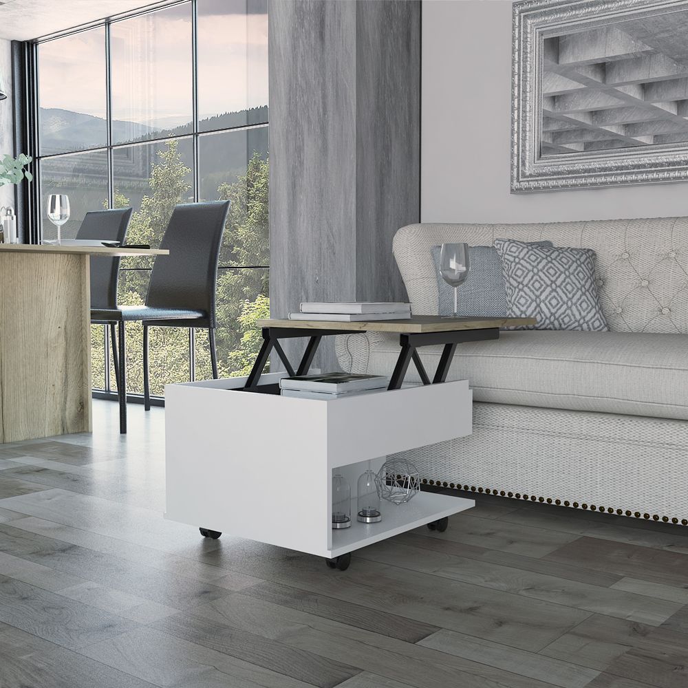 Romano Lift-Top Coffee Table with Casters, One Top Shelf and Hidden Storage