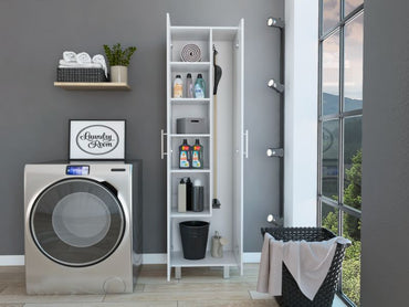 TUHOME Nala Cleaning Cabinet, Freestanding Utility Storage with Double Door Cabinet, Five Shelves, Broom and Mop Compartment, Space-Saving Organization for Laundry Room, Kitchen or Garage