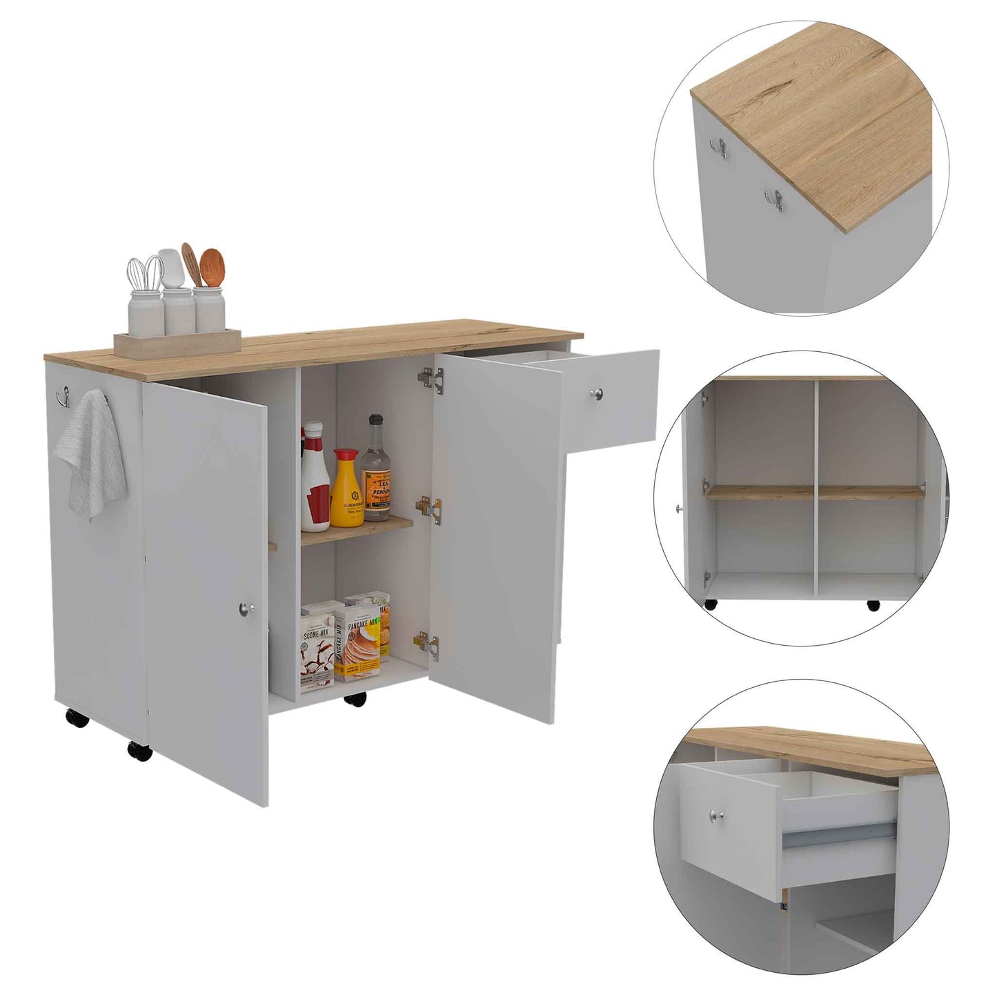 Kitchen Island Cart Victoria, Four Interior Shelves, Six Carters, One Drawer, Double Door Cabinet