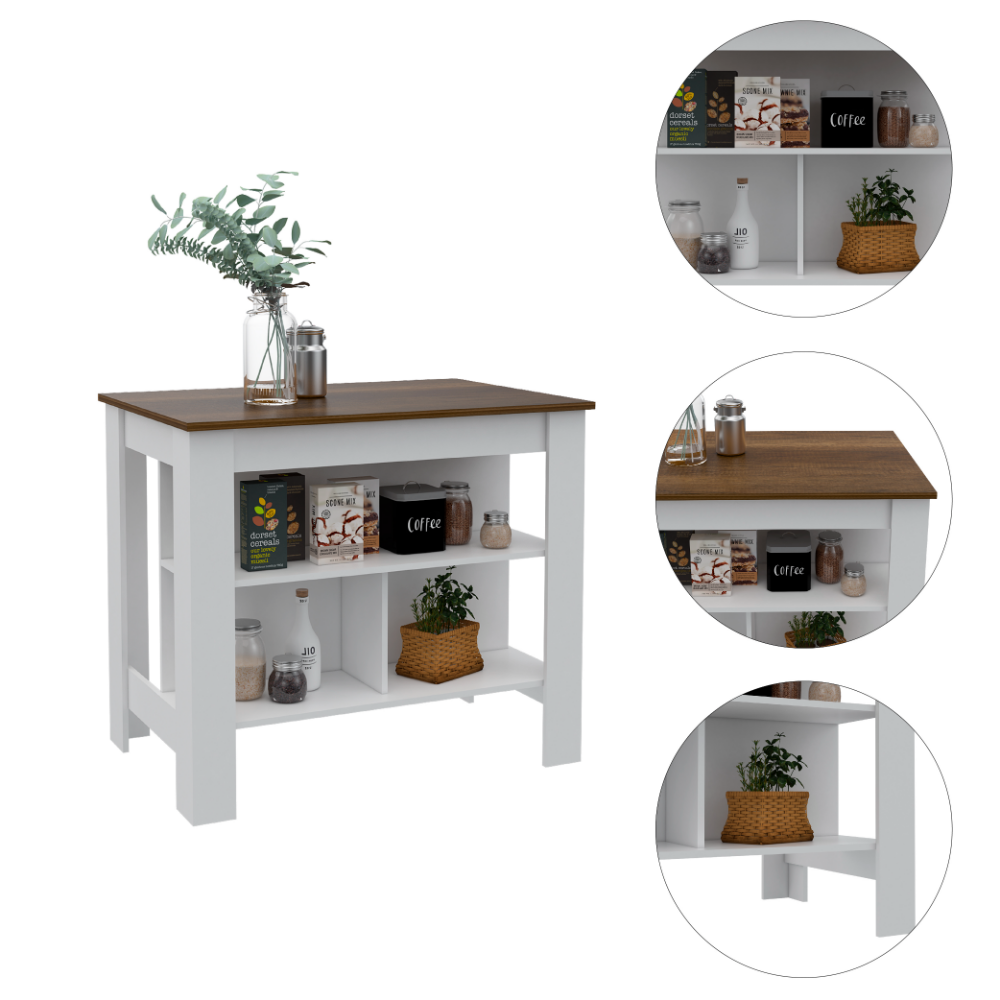 Cala Modern Kitchen Island, With Three Open Shelves Display for Kitchen Storage, And One Top Shelf