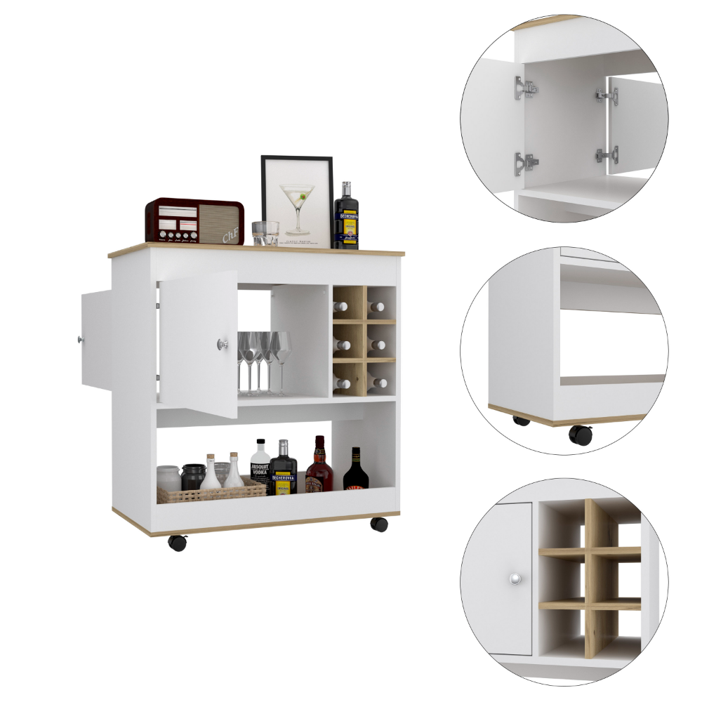 Camelia Bar Cart, Lower Panel, Six Bottle Cubbies, One Cabinet