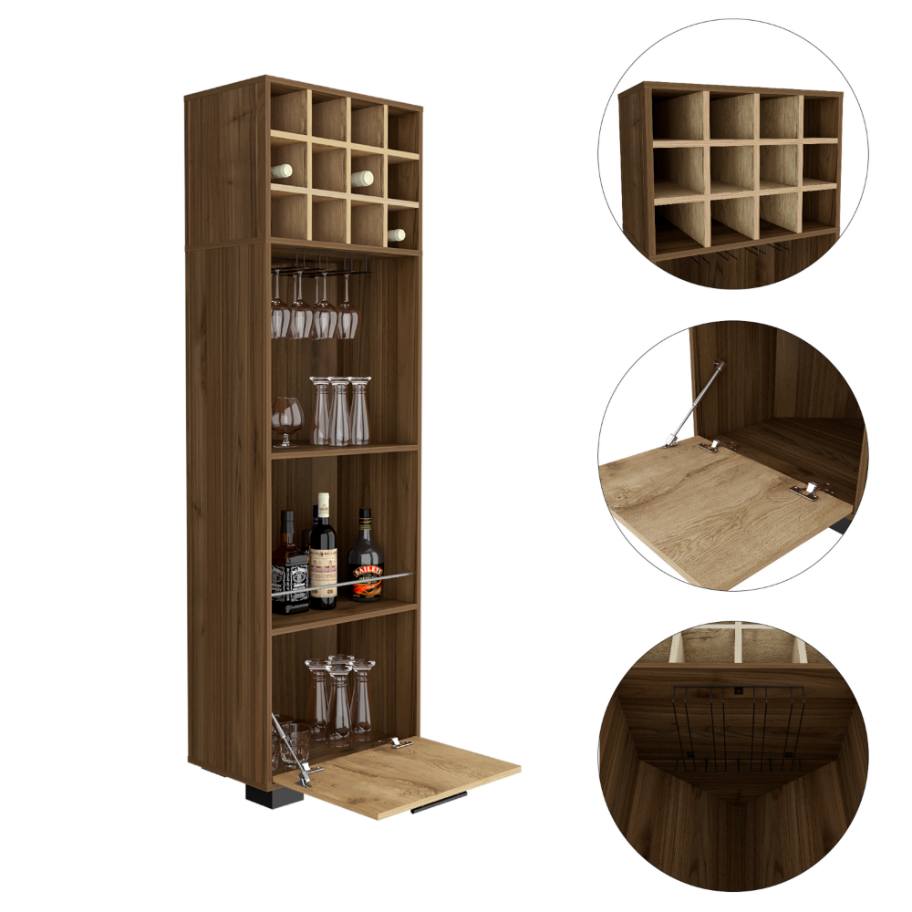 TUHOME Marsella Corner Bar Cabinet, Home Bar Furniture with Eight Built-In Wine Rack, Cup Rack, Drawer Storage and Two Side Shelves, Space-Saving Corner Cabinet for Modern Entertainment Areas