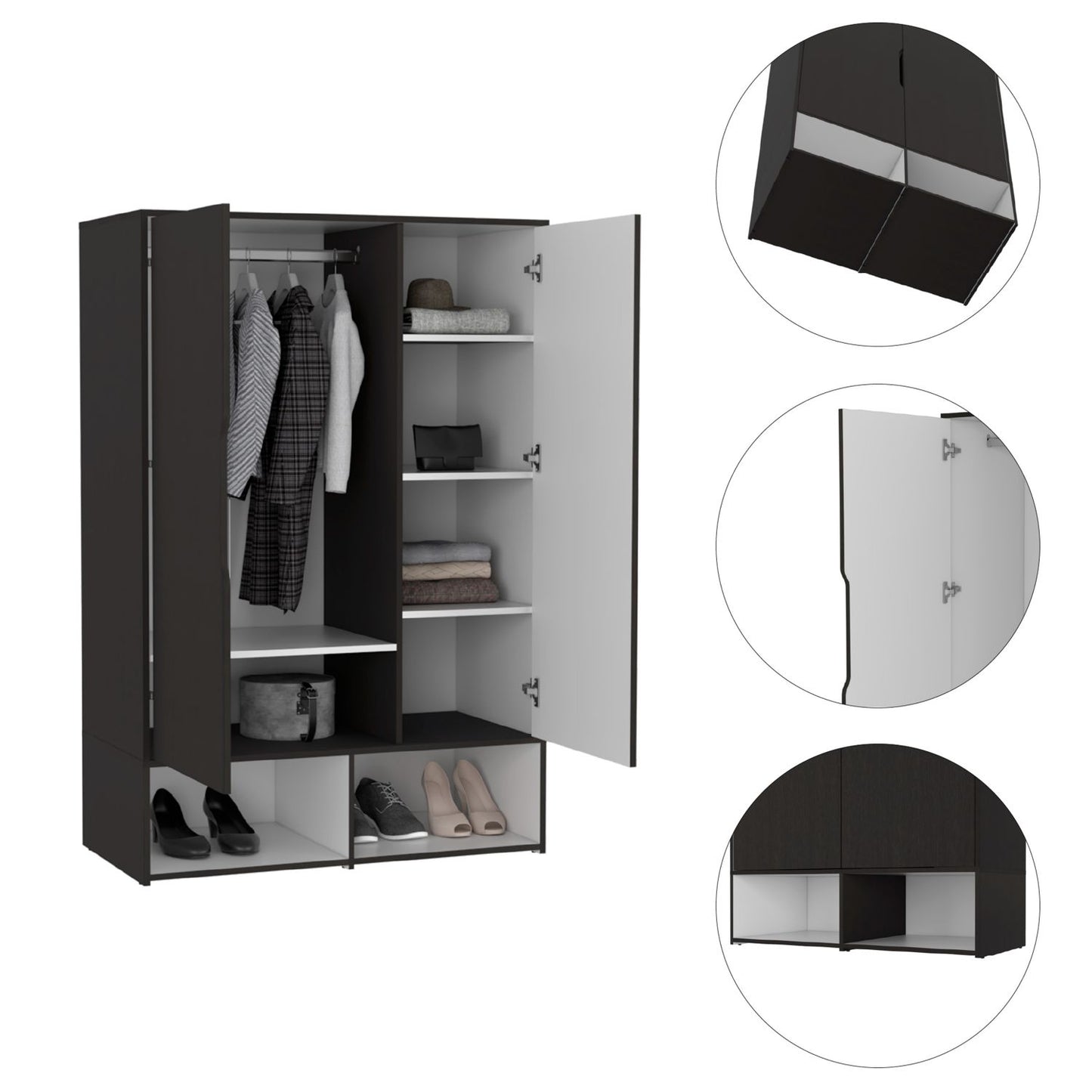 Rosie Armoire, Two Open Shelves, Double Door, Five Shelves, Hanging Rod