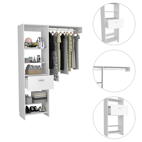 Moretti 150 Closet System, Metal Rod, Five Open Shelves, One Drawer