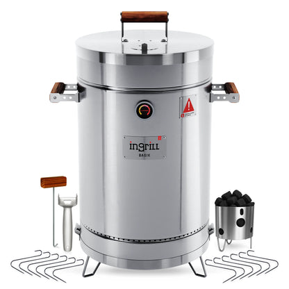3-in-1 Stainless Steel Smoker Barrel Grill – Portable Charcoal BBQ with Thermometer, Outdoor Cooking Smoker for Camping, Backyard & Home BBQ INGRILL