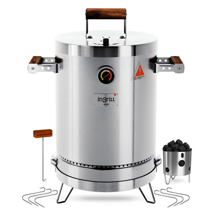3-in-1 Stainless Steel Smoker Barrel Grill – Portable Charcoal BBQ with Thermometer, Outdoor Cooking Smoker for Camping, Backyard & Home BBQ INGRILL