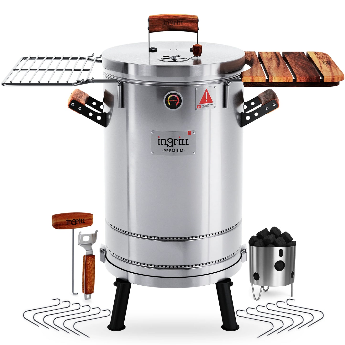 3-in-1 Stainless Steel Smoker Barrel Grill  Premium– Portable Charcoal BBQ with Thermometer, Outdoor Cooking Smoker for Camping, Backyard & Home BBQ INGRILL
