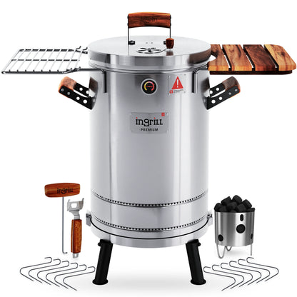 3-in-1 Stainless Steel Smoker Barrel Grill  Premium– Portable Charcoal BBQ with Thermometer, Outdoor Cooking Smoker for Camping, Backyard & Home BBQ INGRILL