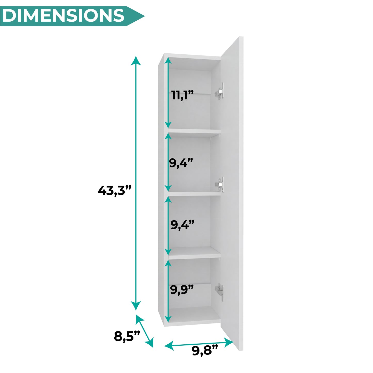 43" High One Door Wall Cabinet, Bathroom Wall Mounted Storage with 3 Adjustable Shelves, Space-Saving Vertical Organizer for Toiletries, Towels & Essentials, Modern Ready-to-Assemble Unit