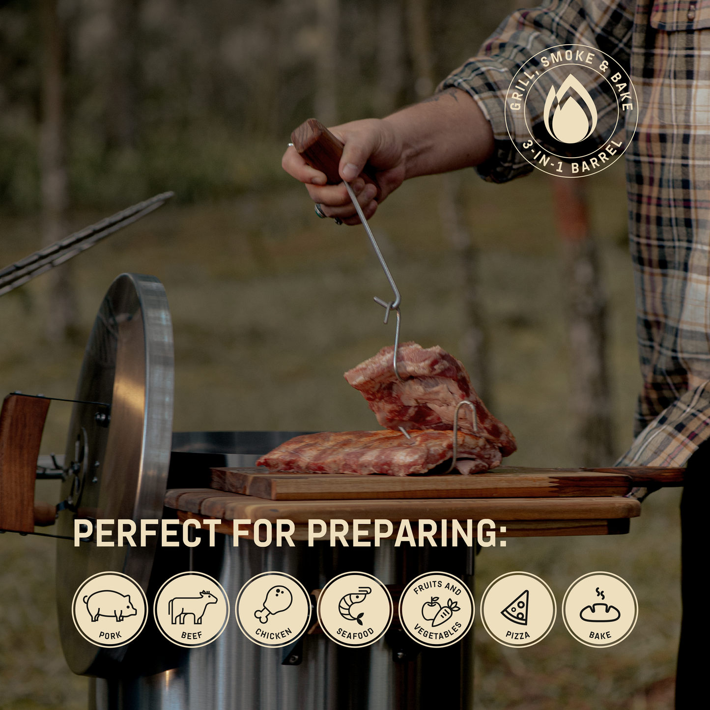 3-in-1 Stainless Steel Smoker Barrel Grill – Portable Charcoal BBQ with Thermometer, Outdoor Cooking Smoker for Camping, Backyard & Home BBQ INGRILL