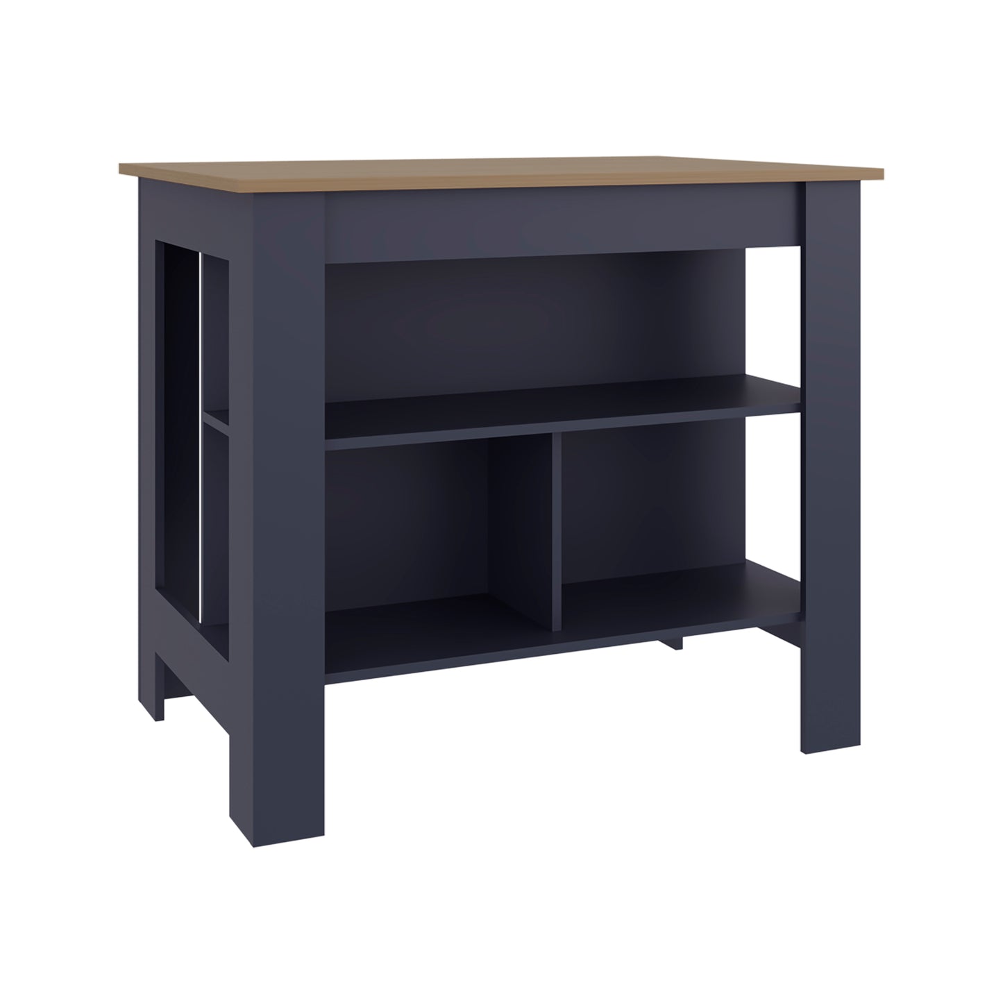 Cala Kitchen Island, Three Open Shelves, One Top Shelf, Four Legs, Modern Kitchen Decor And Organizer