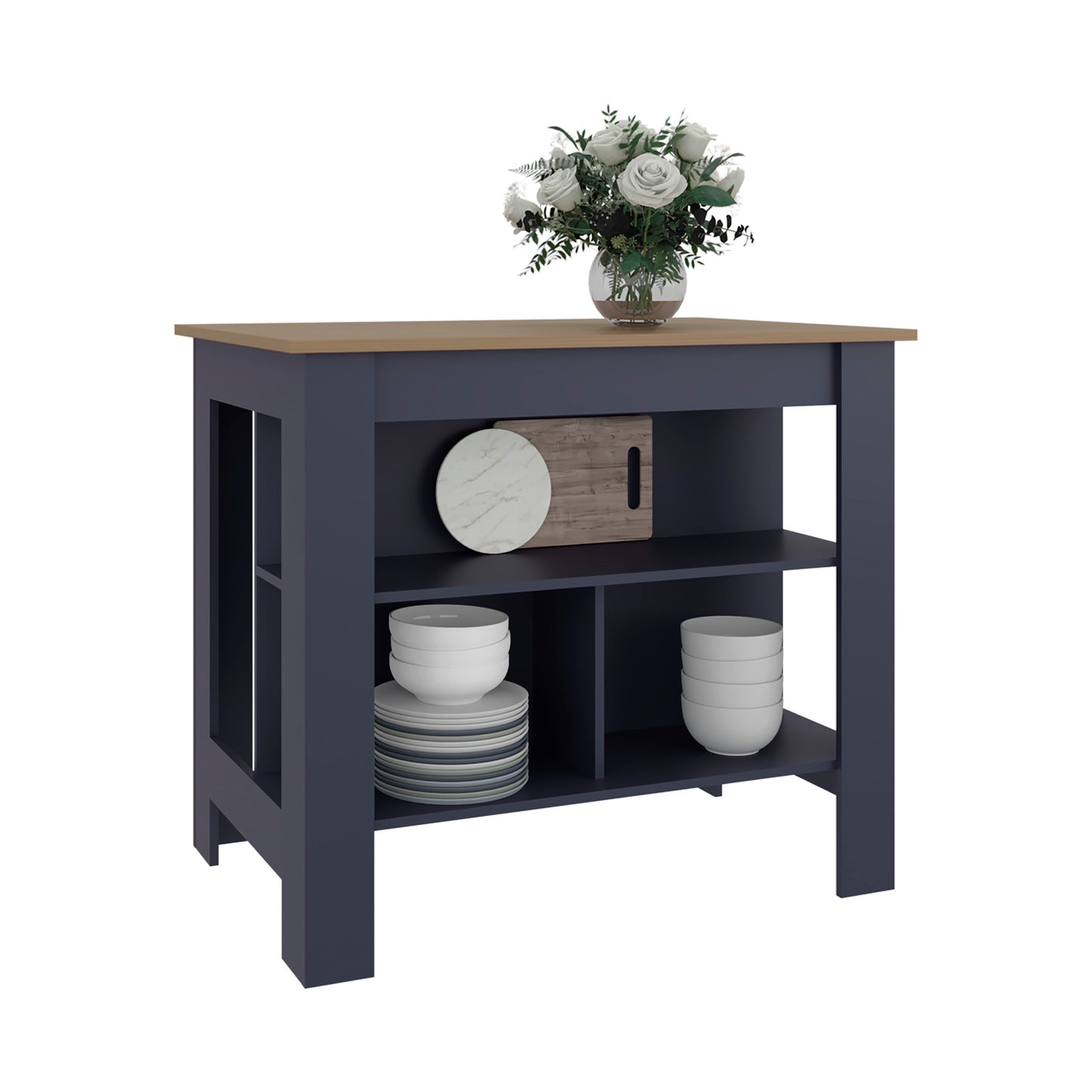 Cala Kitchen Island, Three Open Shelves, One Top Shelf, Four Legs, Modern Kitchen Decor And Organizer