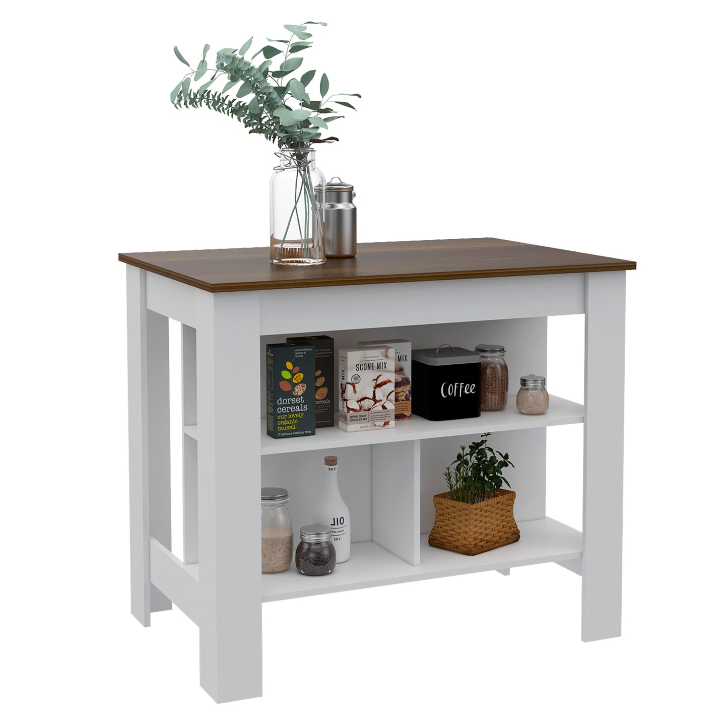 Tuhome Cala Kitchen Island with Spacious Tabletop, Three Open Storage Shelves, Four Sturdy Legs and Comfortable Meal Prep Workstation Design for Modern, Functional and Organized Everyday Culinary Spaces