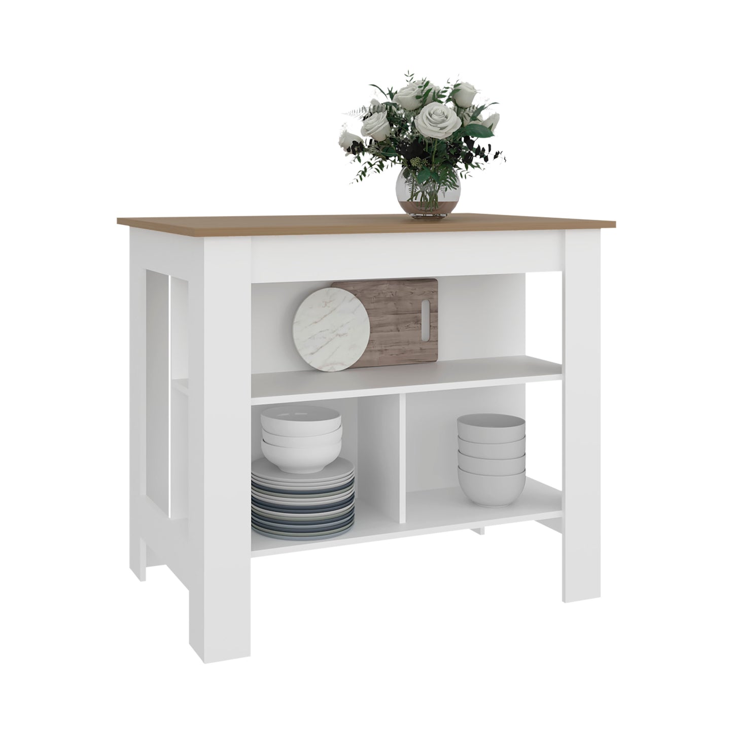 Tuhome Cala Kitchen Island with Spacious Tabletop, Three Open Storage Shelves, Four Sturdy Legs and Comfortable Meal Prep Workstation Design for Modern, Functional and Organized Everyday Culinary Spaces