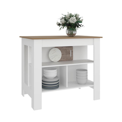 Tuhome Cala Kitchen Island with Spacious Tabletop, Three Open Storage Shelves, Four Sturdy Legs and Comfortable Meal Prep Workstation Design for Modern, Functional and Organized Everyday Culinary Spaces