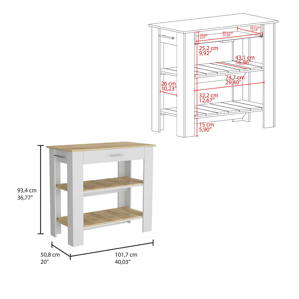 Cala Kitchen Island 40, Two Shelves, One Drawer, Four Legs