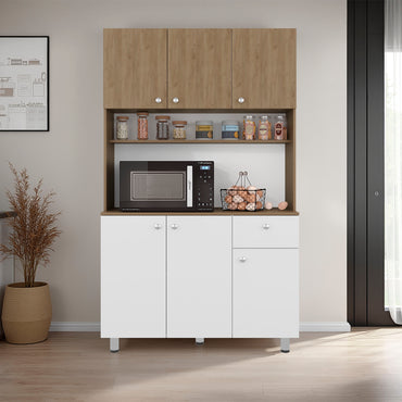 Wilson 6 Door Multi-Functional Kitchen Microwave Pantry Cabinet with One Drawer and 6 Interior Storage Compartments, Spacious Open Countertop and, Open Upper Shelf