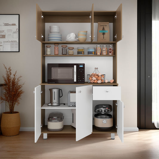 Kitchen cabinet with appliances and items on a wooden floor.