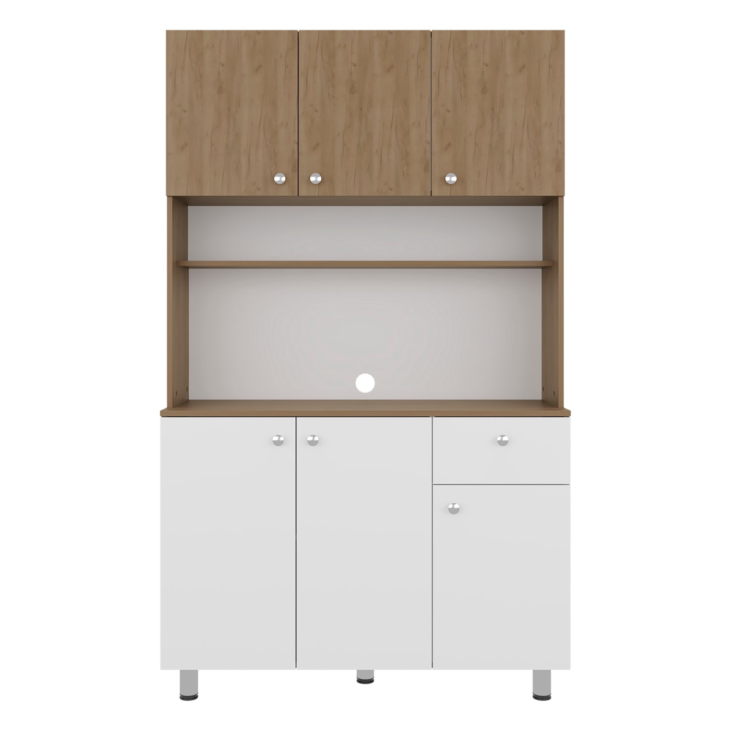 Wilson 6 Door Multi-Functional Kitchen Microwave Pantry Cabinet with One Drawer and 6 Interior Storage Compartments, Spacious Open Countertop and, Open Upper Shelf
