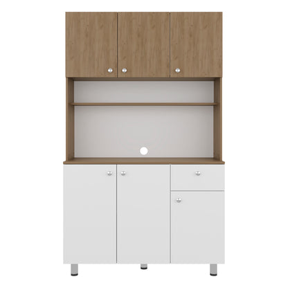 Wilson 6 Door Multi-Functional Kitchen Microwave Pantry Cabinet with One Drawer and 6 Interior Storage Compartments, Spacious Open Countertop and, Open Upper Shelf