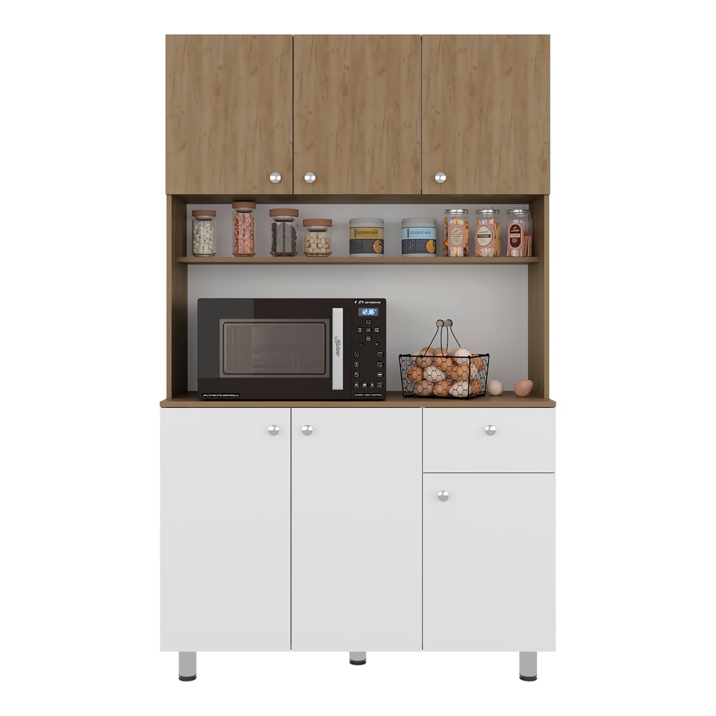 Wilson 6 Door Multi-Functional Kitchen Microwave Pantry Cabinet with One Drawer and 6 Interior Storage Compartments, Spacious Open Countertop and, Open Upper Shelf