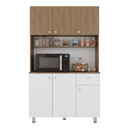 Wilson 6 Door Multi-Functional Kitchen Microwave Pantry Cabinet with One Drawer and 6 Interior Storage Compartments, Spacious Open Countertop and, Open Upper Shelf