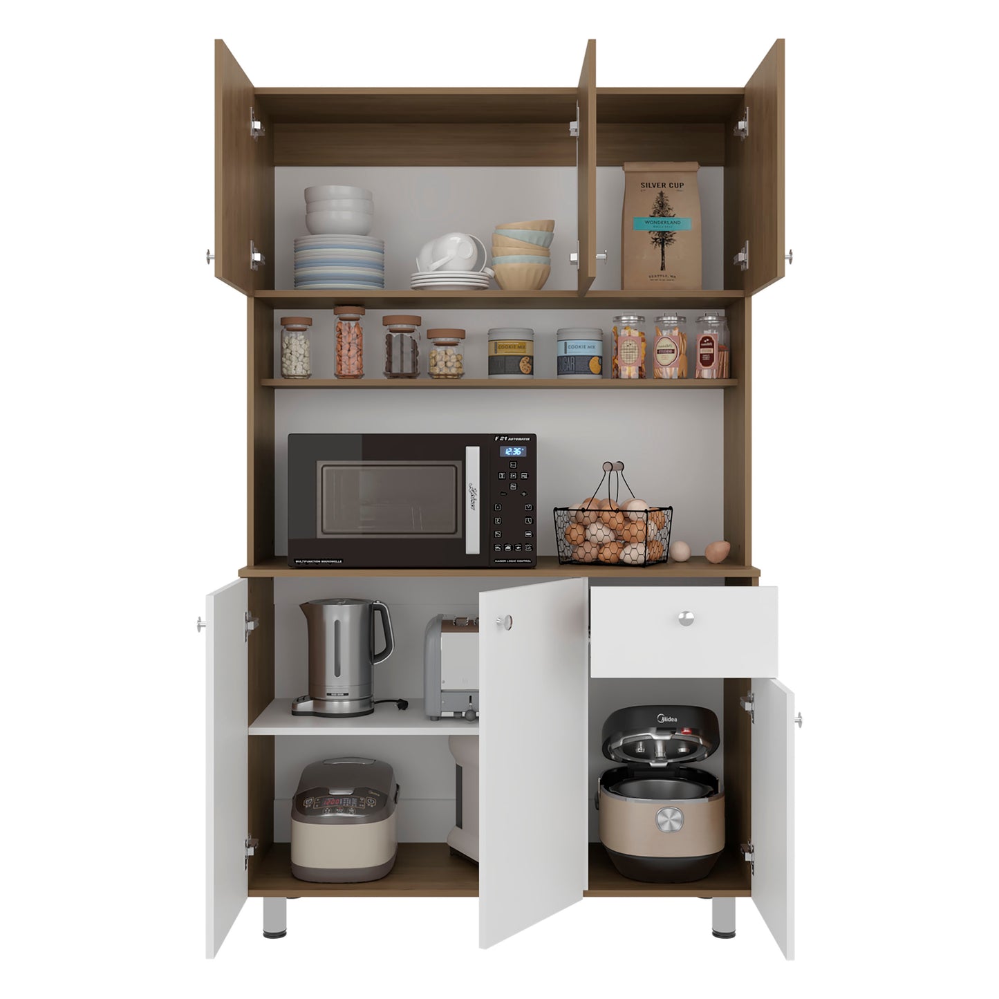 Wilson 6 Door Multi-Functional Kitchen Microwave Pantry Cabinet with One Drawer and 6 Interior Storage Compartments, Spacious Open Countertop and, Open Upper Shelf