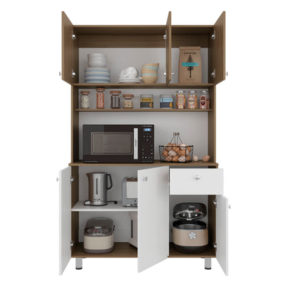 Wilson 6 Door Multi-Functional Kitchen Microwave Pantry Cabinet with One Drawer and 6 Interior Storage Compartments, Spacious Open Countertop and, Open Upper Shelf