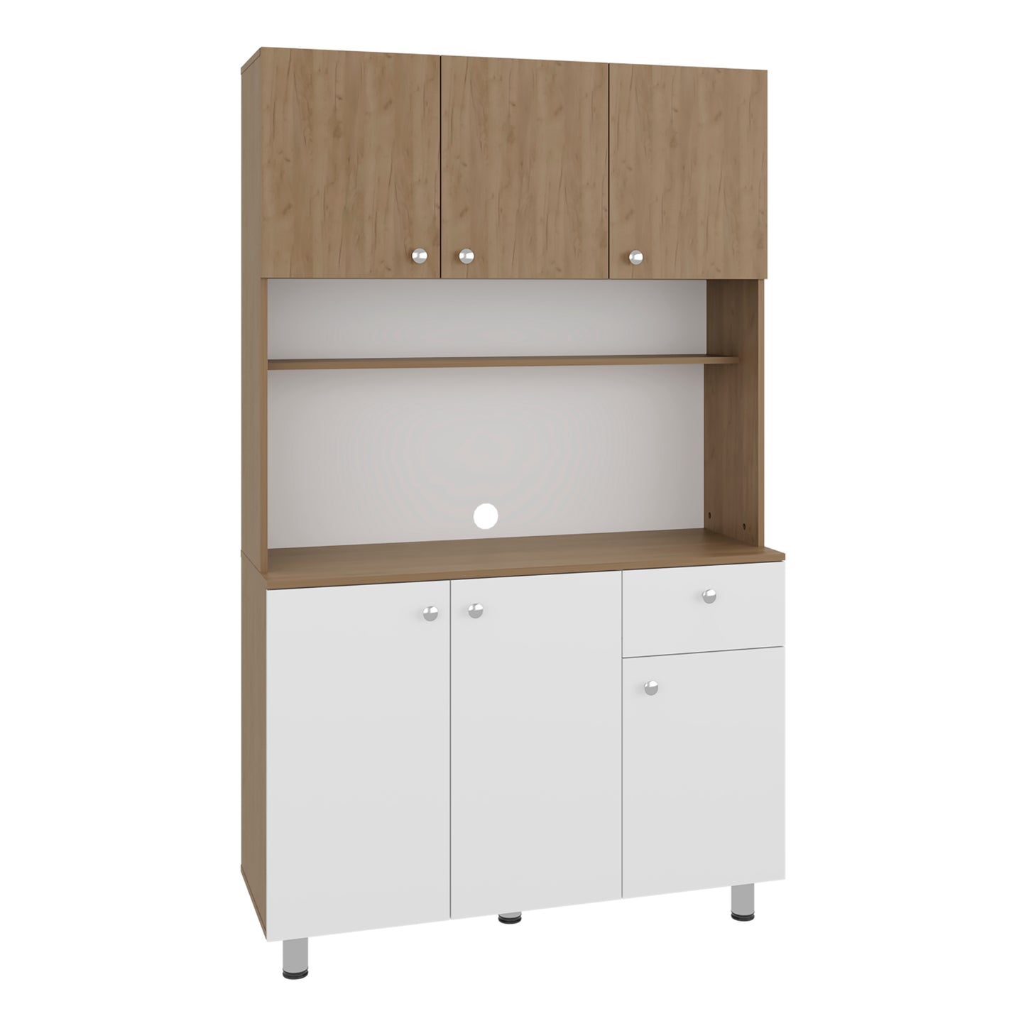 Wilson 6 Door Multi-Functional Kitchen Microwave Pantry Cabinet with One Drawer and 6 Interior Storage Compartments, Spacious Open Countertop and, Open Upper Shelf