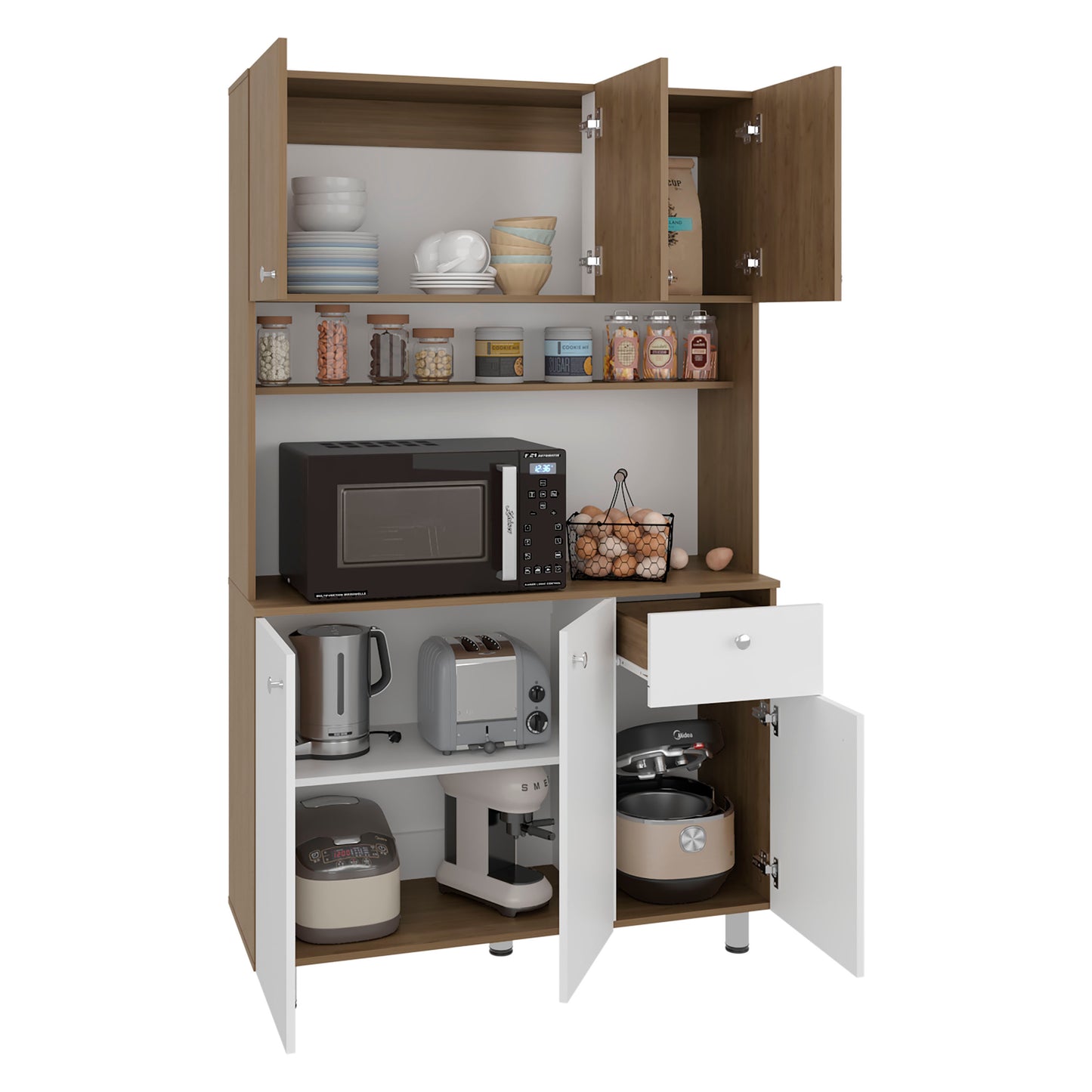 Wilson 6 Door Multi-Functional Kitchen Microwave Pantry Cabinet with One Drawer and 6 Interior Storage Compartments, Spacious Open Countertop and, Open Upper Shelf