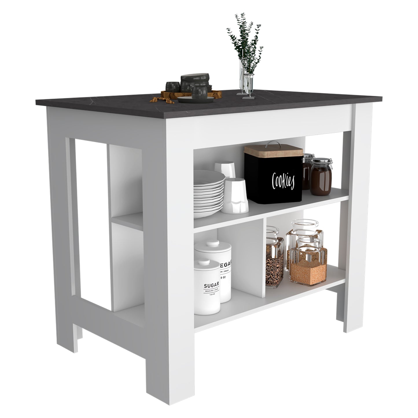 Tuhome Cala Kitchen Island with Spacious Tabletop, Three Open Storage Shelves, Four Sturdy Legs and Comfortable Meal Prep Workstation Design for Modern, Functional and Organized Everyday Culinary Spaces