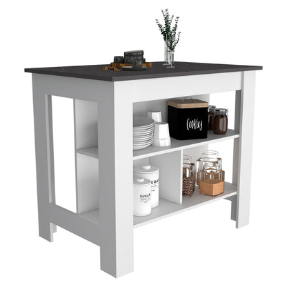Tuhome Cala Kitchen Island with Spacious Tabletop, Three Open Storage Shelves, Four Sturdy Legs and Comfortable Meal Prep Workstation Design for Modern, Functional and Organized Everyday Culinary Spaces