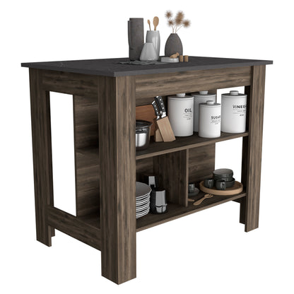 Tuhome Cala Kitchen Island with Spacious Tabletop, Three Open Storage Shelves, Four Sturdy Legs and Comfortable Meal Prep Workstation Design for Modern, Functional and Organized Everyday Culinary Spaces