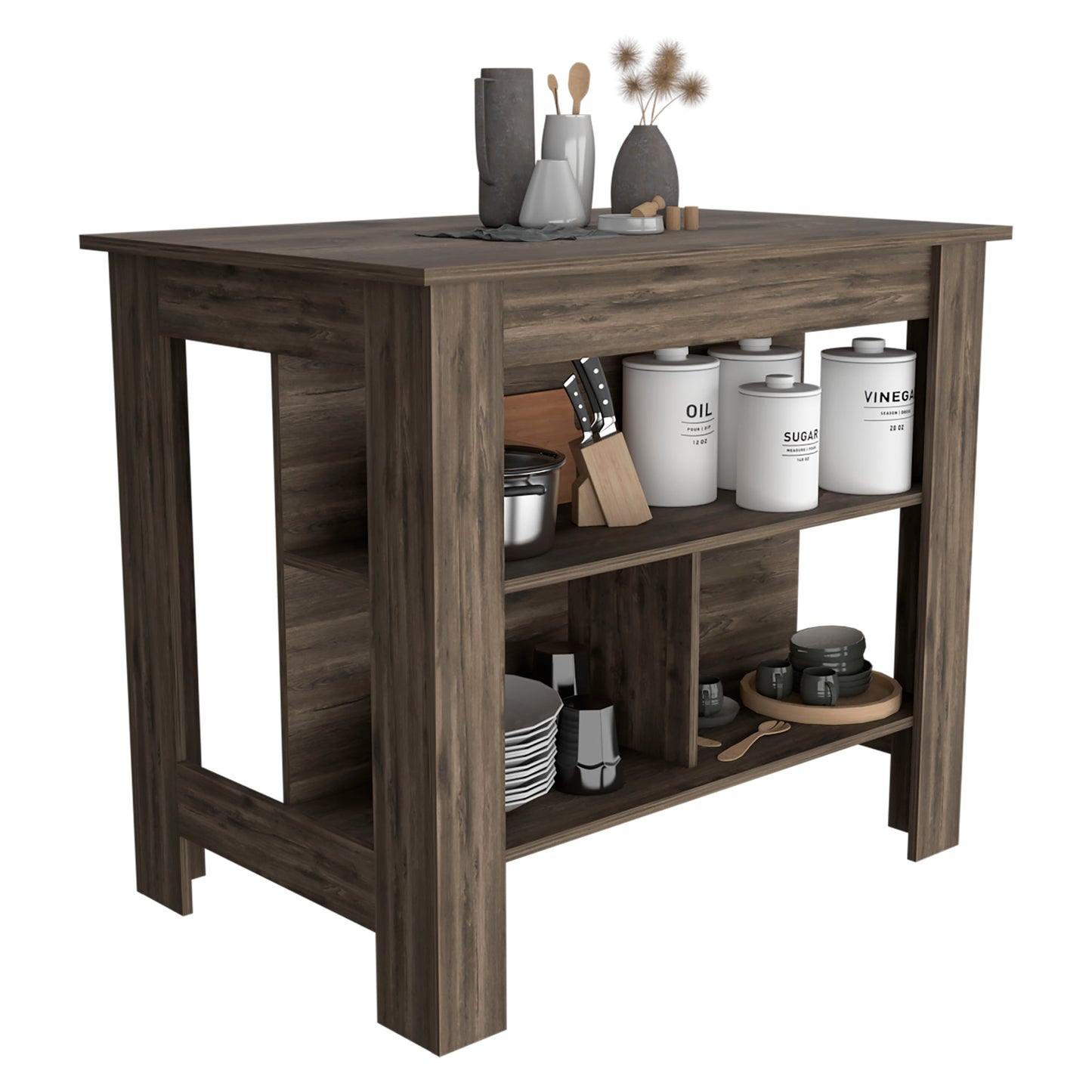 Tuhome Cala Kitchen Island with Spacious Tabletop, Three Open Storage Shelves, Four Sturdy Legs and Comfortable Meal Prep Workstation Design for Modern, Functional and Organized Everyday Culinary Spaces