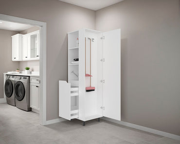 Vidalia Broom Cabinet for Home and Utility Storage, Tall Cleaning Supply Organizer with Enclosed Design for Laundry Room or Kitchen Use, Space-Saving Storage Solution, White Finish