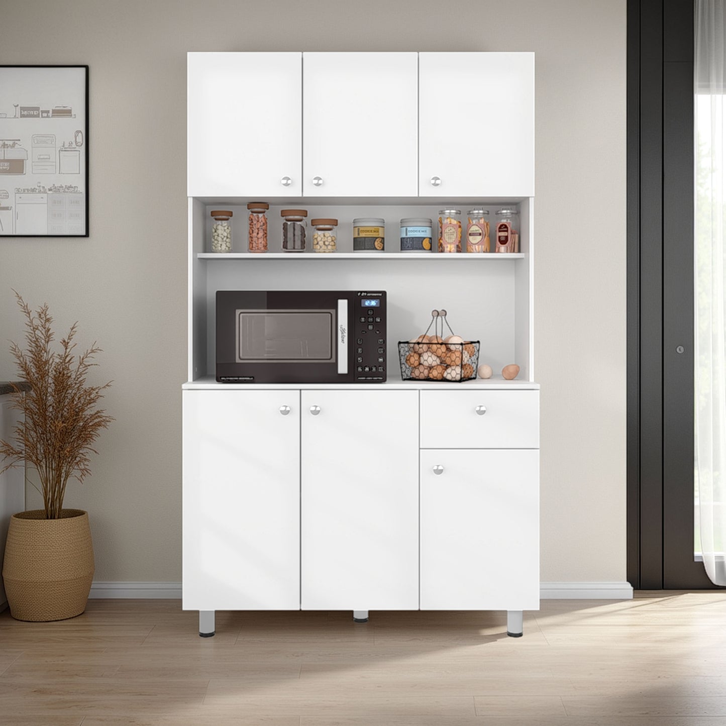 Wilson 6 Door Multi-Functional Kitchen Microwave Pantry Cabinet with One Drawer and 6 Interior Storage Compartments, Spacious Open Countertop and, Open Upper Shelf