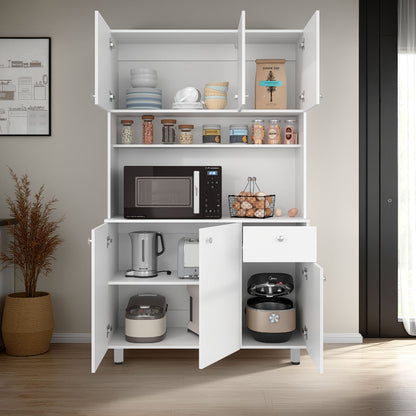 Wilson 6 Door Multi-Functional Kitchen Microwave Pantry Cabinet with One Drawer and 6 Interior Storage Compartments, Spacious Open Countertop and, Open Upper Shelf