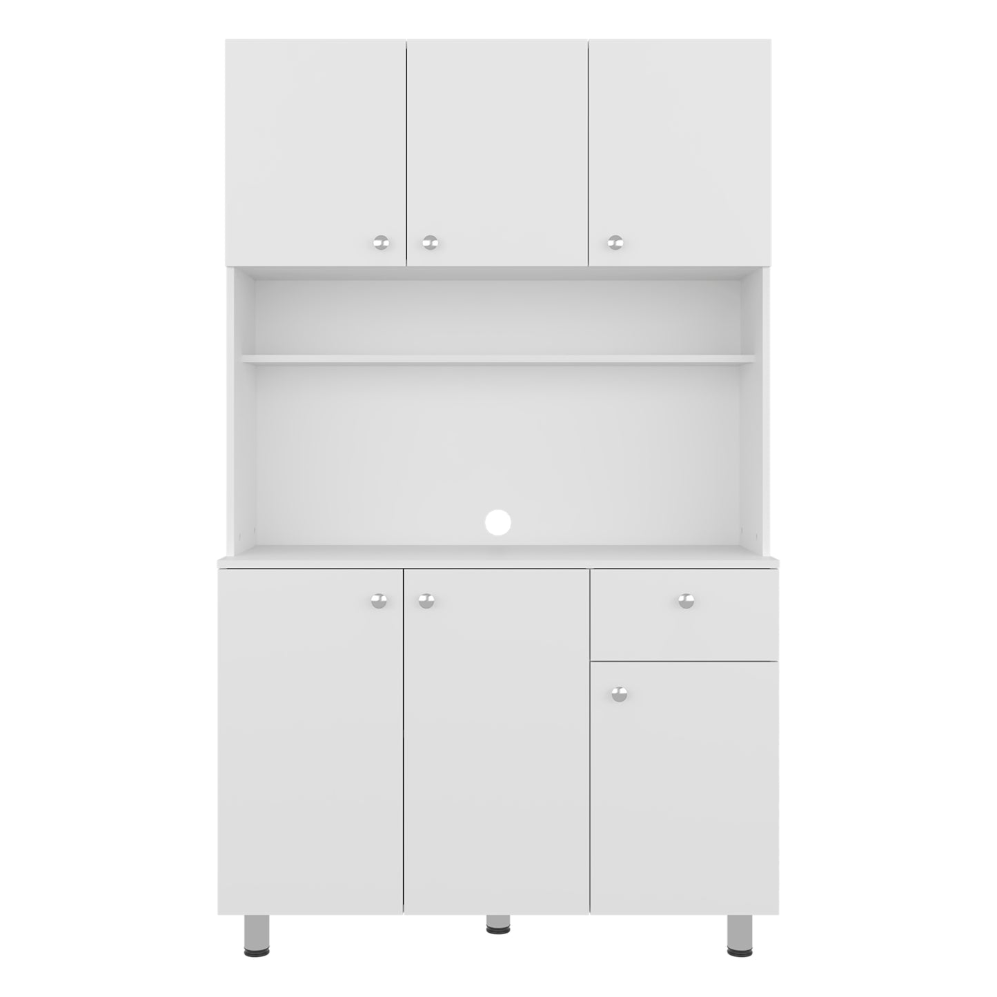 Wilson 6 Door Multi-Functional Kitchen Microwave Pantry Cabinet with One Drawer and 6 Interior Storage Compartments, Spacious Open Countertop and, Open Upper Shelf