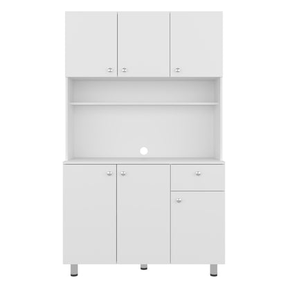 Wilson 6 Door Multi-Functional Kitchen Microwave Pantry Cabinet with One Drawer and 6 Interior Storage Compartments, Spacious Open Countertop and, Open Upper Shelf