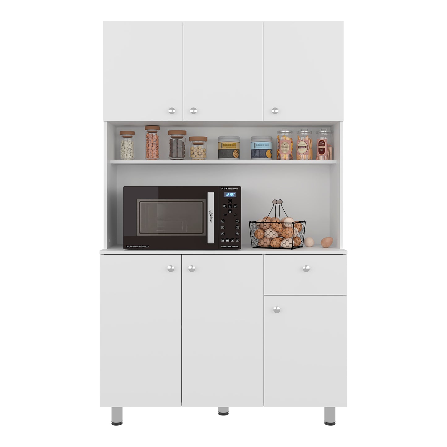 Wilson 6 Door Multi-Functional Kitchen Microwave Pantry Cabinet with One Drawer and 6 Interior Storage Compartments, Spacious Open Countertop and, Open Upper Shelf