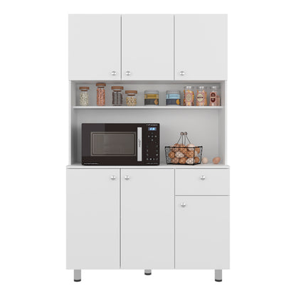 Wilson 6 Door Multi-Functional Kitchen Microwave Pantry Cabinet with One Drawer and 6 Interior Storage Compartments, Spacious Open Countertop and, Open Upper Shelf