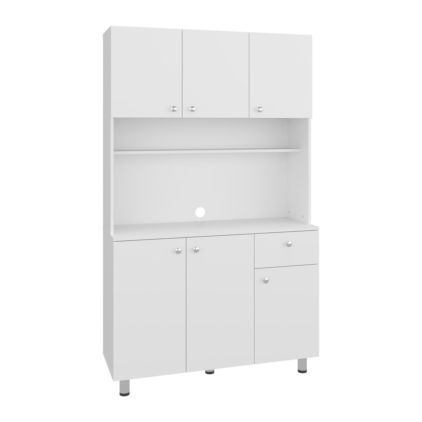 Wilson 6 Door Multi-Functional Kitchen Microwave Pantry Cabinet with One Drawer and 6 Interior Storage Compartments, Spacious Open Countertop and, Open Upper Shelf