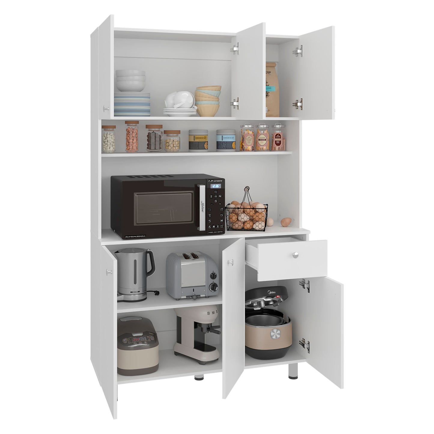 Wilson 6 Door Multi-Functional Kitchen Microwave Pantry Cabinet with One Drawer and 6 Interior Storage Compartments, Spacious Open Countertop and, Open Upper Shelf