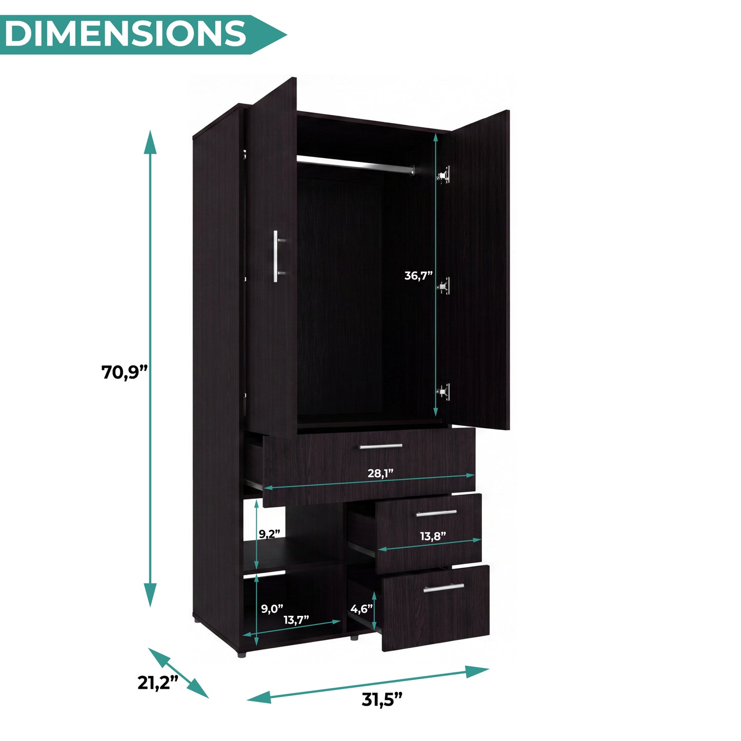 Alpine Modern Freestanding Armoire Wardrobe Console Double Door Design with Integrated Interior Shelves and Hanging Rod Providing Comprehensive Storage Solutions for Optimal Bedroom Organization