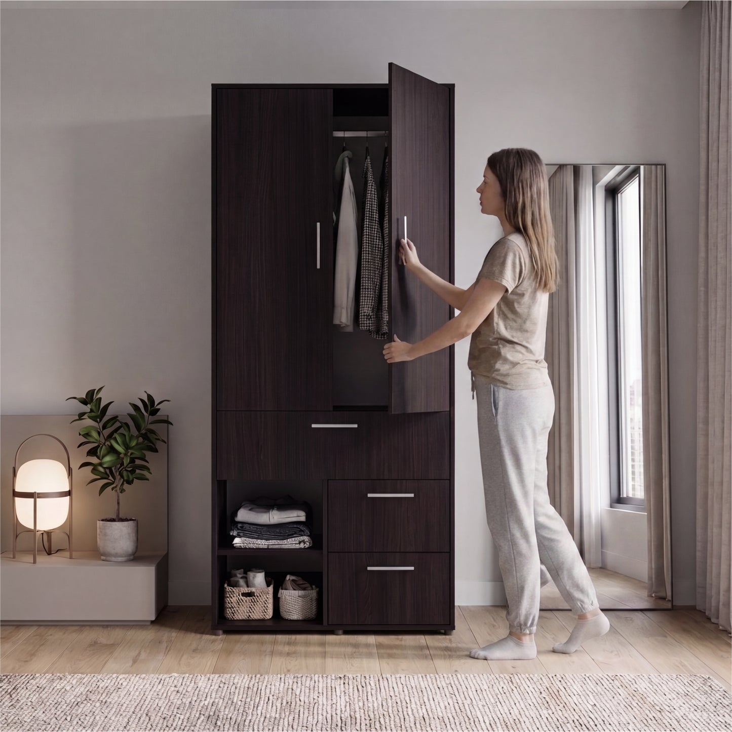Alpine Modern Freestanding Armoire Wardrobe Console Double Door Design with Integrated Interior Shelves and Hanging Rod Providing Comprehensive Storage Solutions for Optimal Bedroom Organization