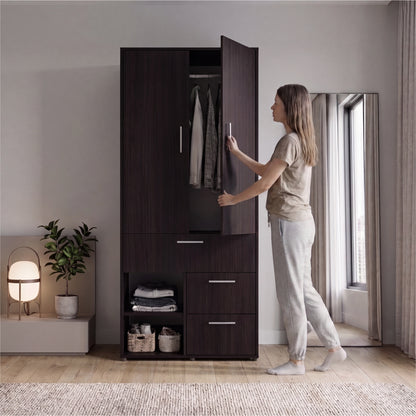 Alpine Modern Freestanding Armoire Wardrobe Console Double Door Design with Integrated Interior Shelves and Hanging Rod Providing Comprehensive Storage Solutions for Optimal Bedroom Organization