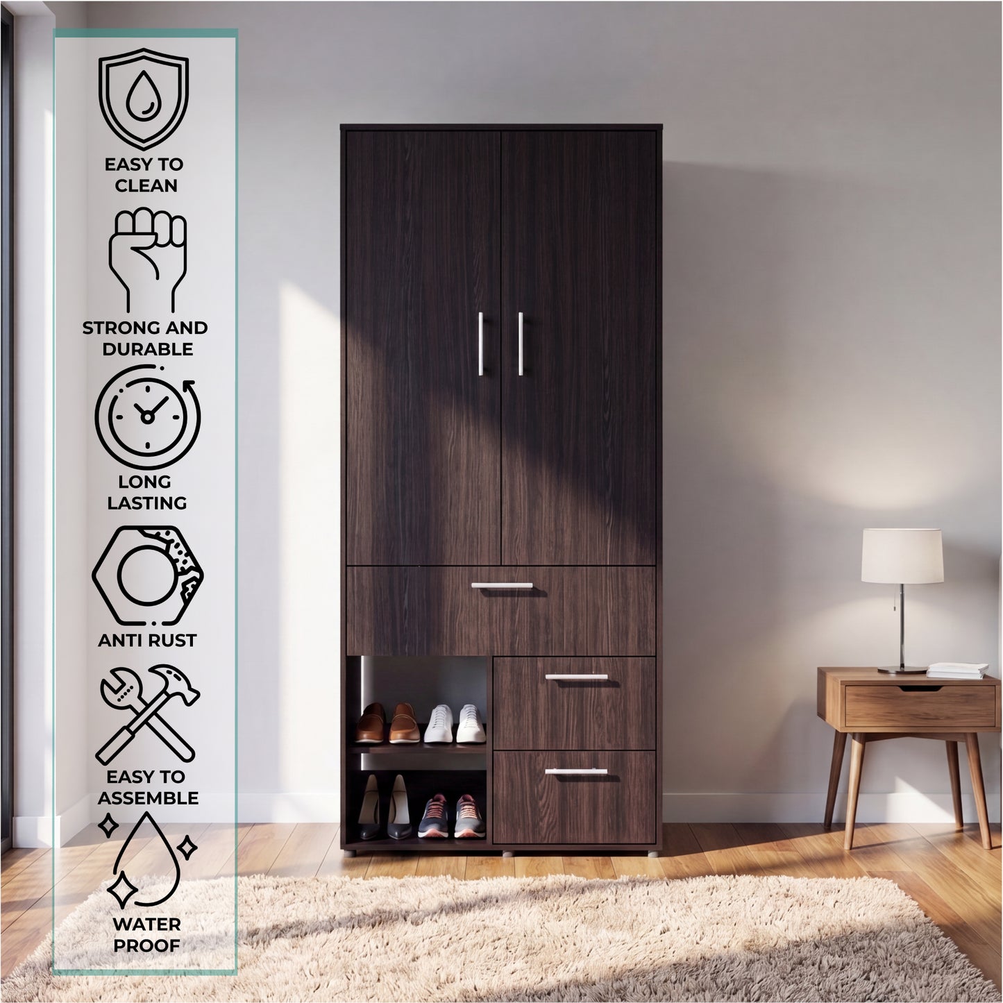 Alpine Modern Freestanding Armoire Wardrobe Console Double Door Design with Integrated Interior Shelves and Hanging Rod Providing Comprehensive Storage Solutions for Optimal Bedroom Organization