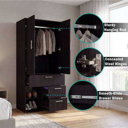Alpine Modern Freestanding Armoire Wardrobe Console Double Door Design with Integrated Interior Shelves and Hanging Rod Providing Comprehensive Storage Solutions for Optimal Bedroom Organization