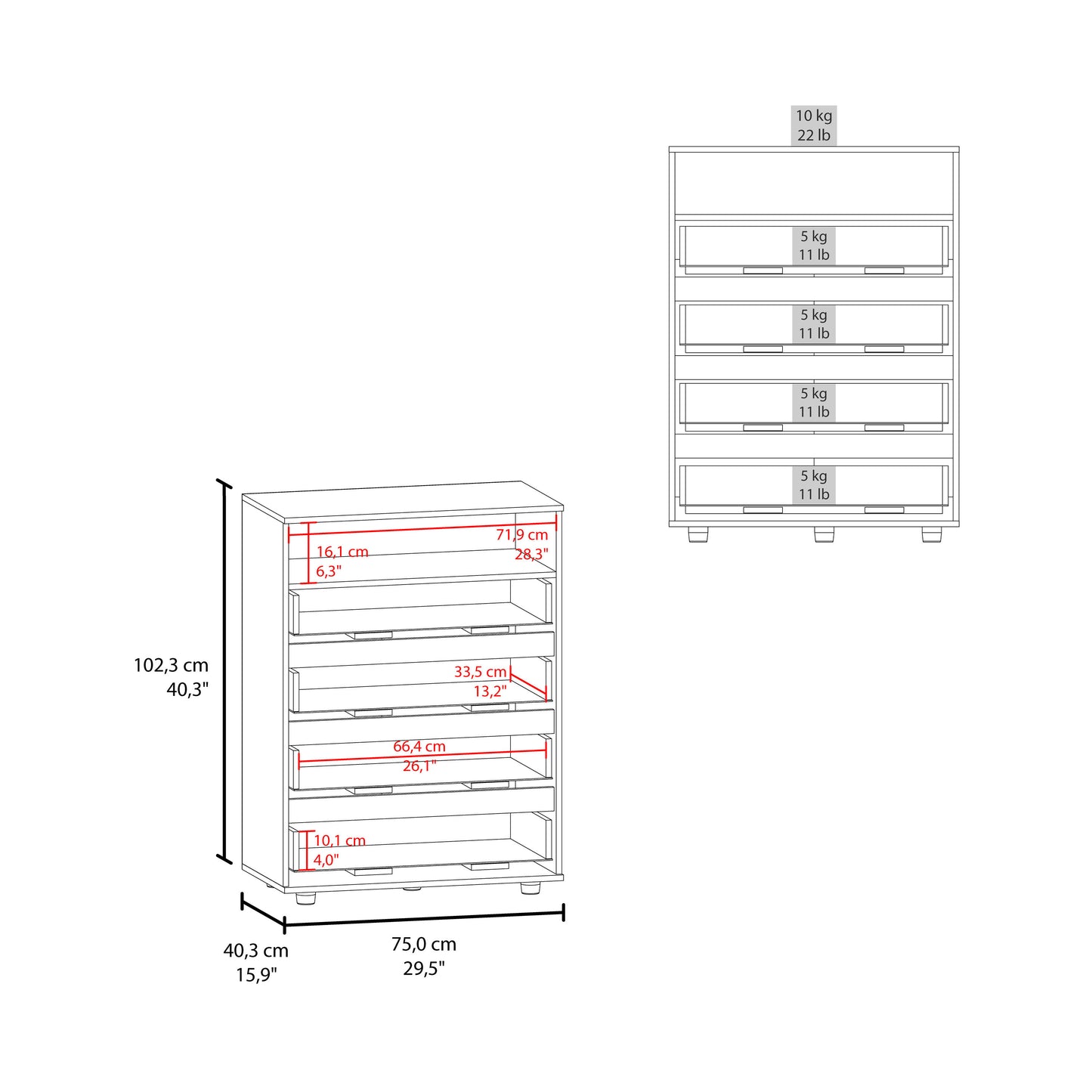 Alpine Four Drawer Dresser With Spacious Storage And Modern Handles